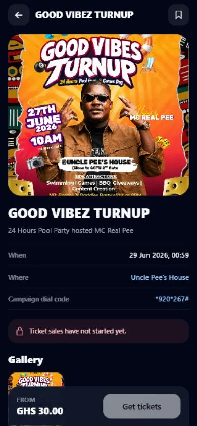 SparkGlim Audience app showing event details and ticket options