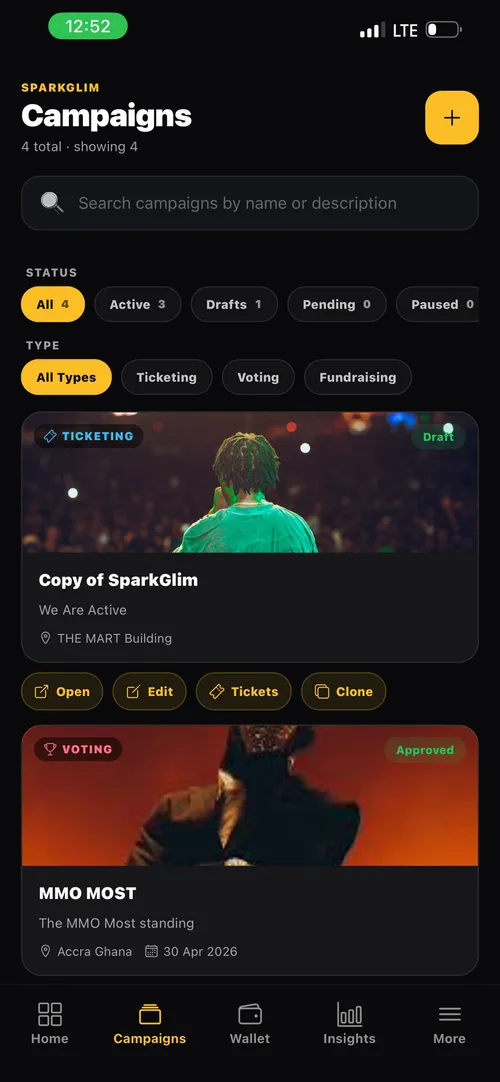 The real SparkGlim Creator app showing campaign management
