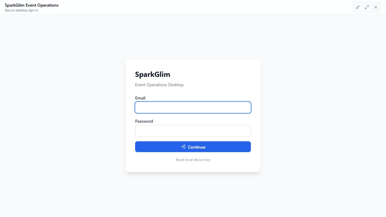 SparkGlim Event Operations desktop sign-in with empty email and password fields